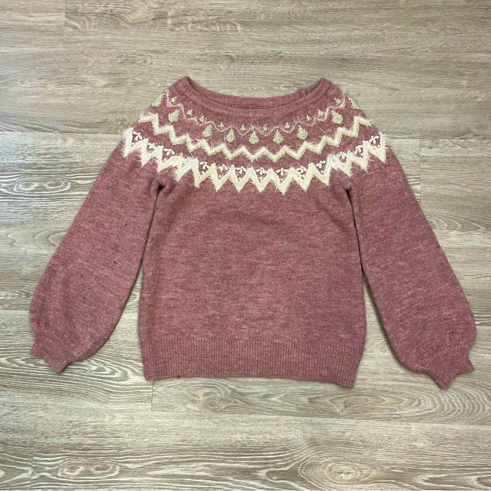 Vintage Classic Yoke Print Beaded Sweater Fair Isle Wool Mhair Pullover Medium